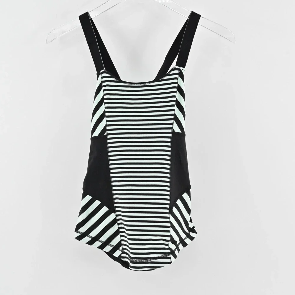 Lululemon Womens Work It Out Tank Top Size 4 Black Mint Green Stripe Logo Active